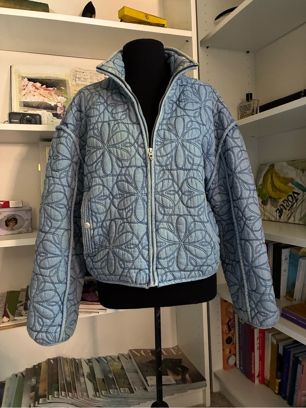 Bomber Jacket Cropped Light Blue Quilted Floral-Pattern